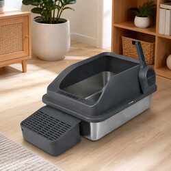 Stainless Steel Cat Litter Box Large High Sided Semi Enclosed Easy Clean Grey