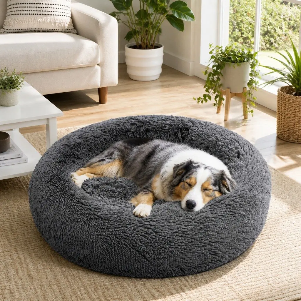 Round Plush Calming Pet Bed Nest Warm Cozy Sleep Dark Grey 90cm Dog Cat