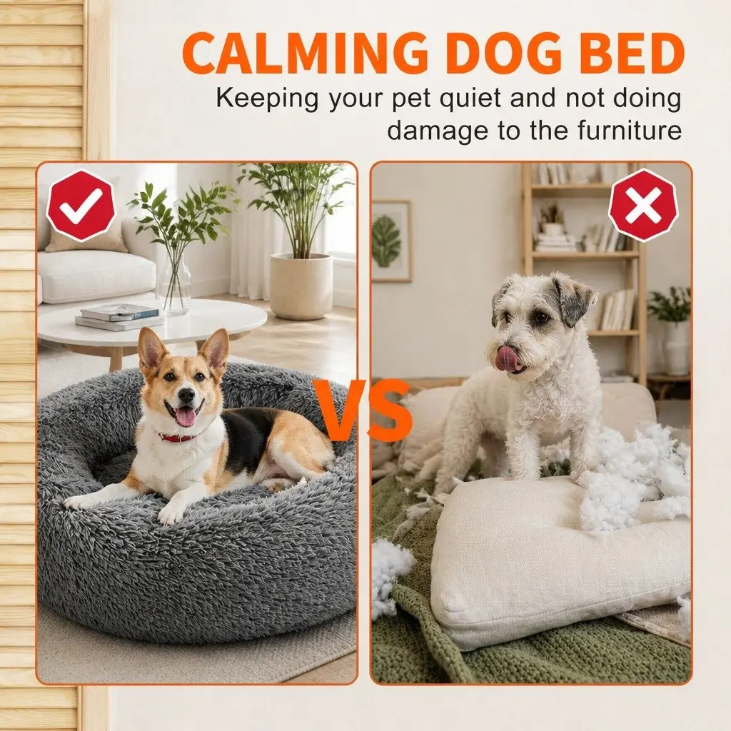 Round Plush Calming Pet Bed Nest Warm Cozy Sleep Dark Grey 90cm Dog Cat