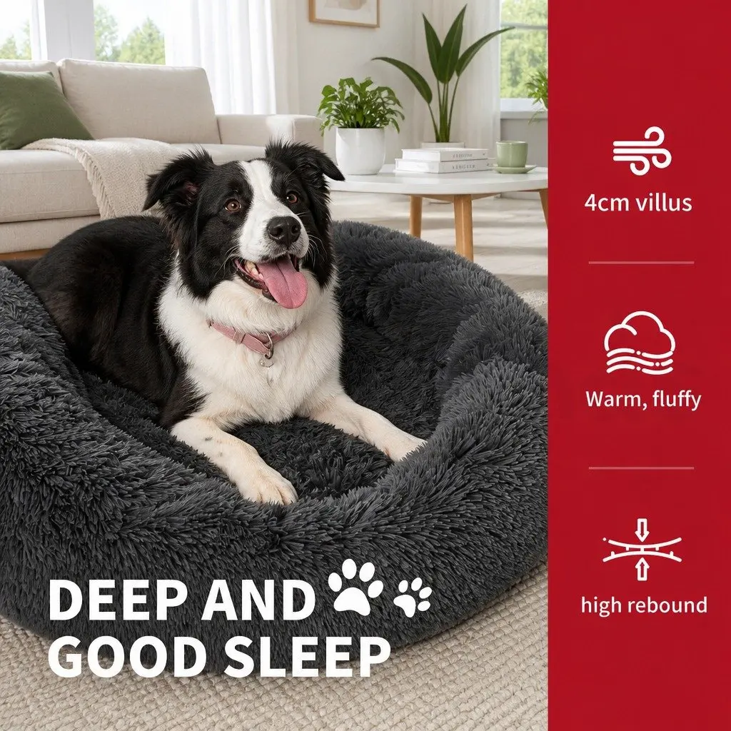 Round Plush Calming Pet Bed Nest Warm Cozy Sleep Dark Grey 90cm Dog Cat
