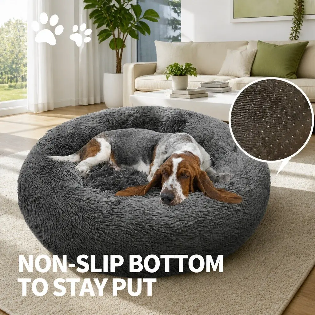 Round Plush Calming Pet Bed Nest Warm Cozy Sleep Dark Grey 90cm Dog Cat