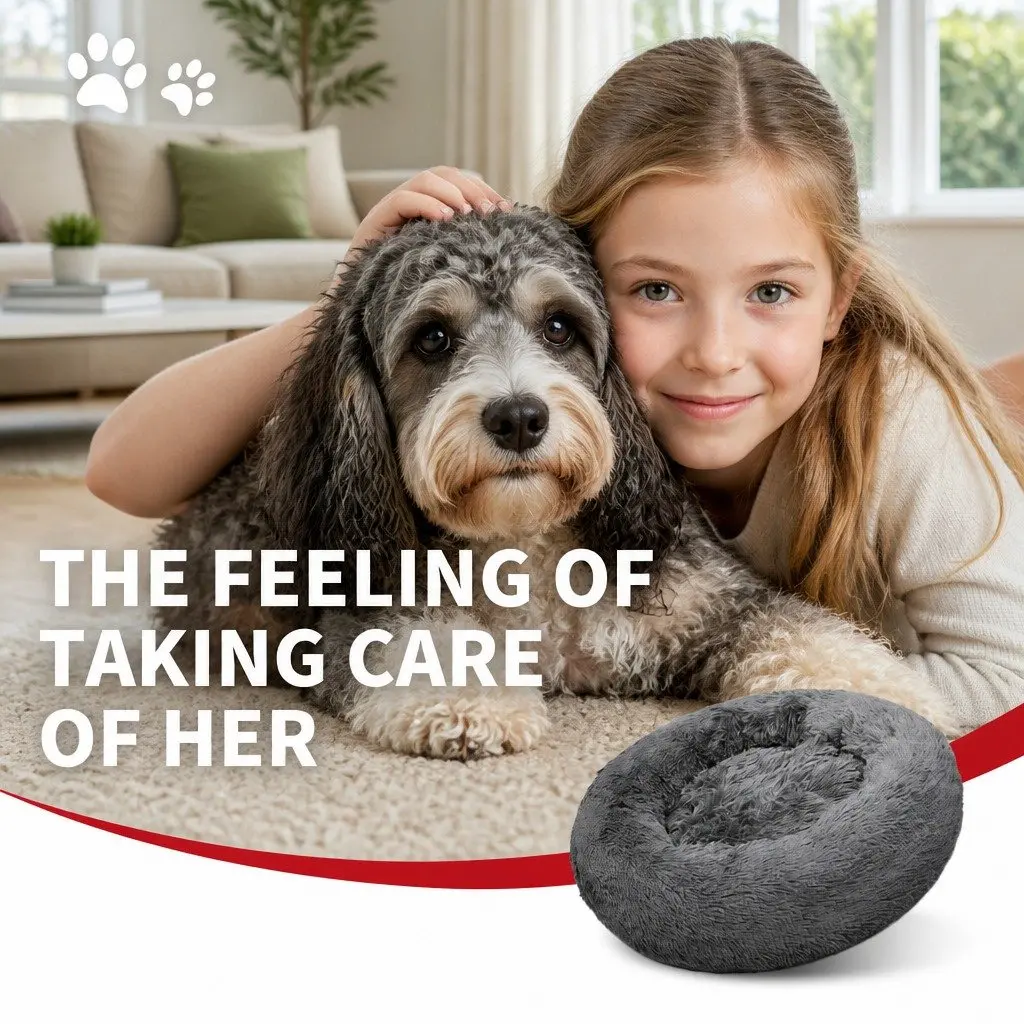 Round Plush Calming Pet Bed Nest Warm Cozy Sleep Dark Grey 90cm Dog Cat