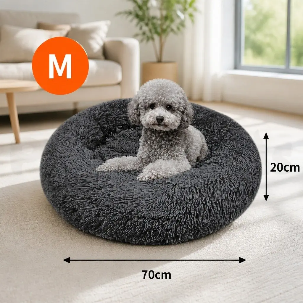 Round Pet Calming Bed Plush Nest Cosy Sleep Mat for Dogs Cats 70cm Dark Grey