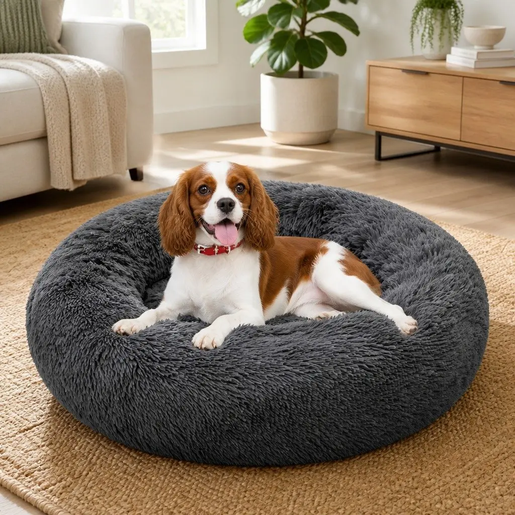 Round Pet Calming Bed Plush Nest Cosy Sleep Mat for Dogs Cats 70cm Dark Grey