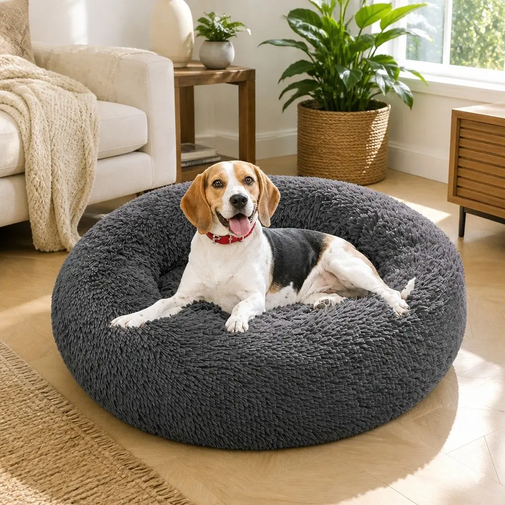 Round Pet Calming Bed Plush Nest Cosy Sleep Mat for Dogs Cats 70cm Dark Grey