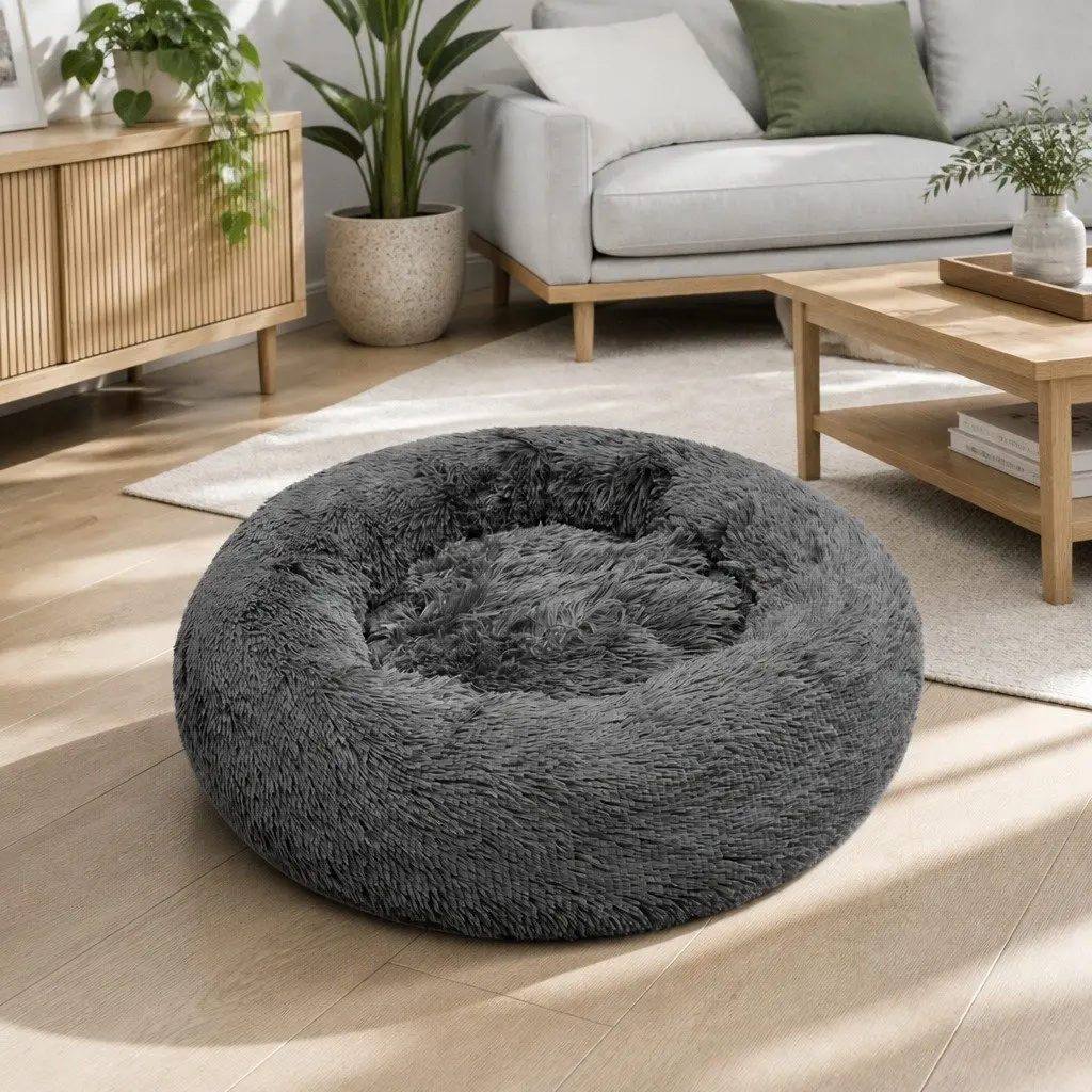 Round Pet Calming Bed Plush Nest Cosy Sleep Mat for Dogs Cats 70cm Dark Grey