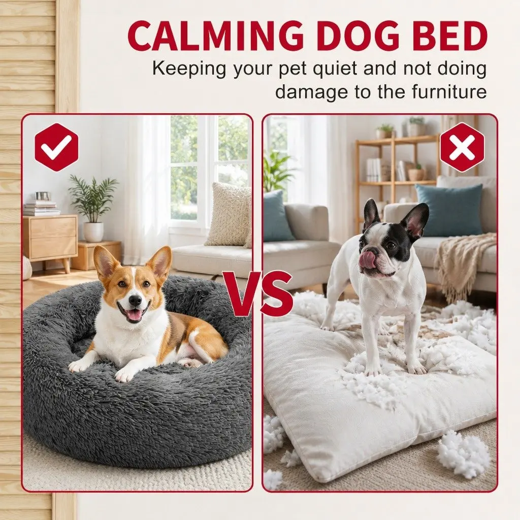 Round Pet Calming Bed Plush Nest Cosy Sleep Mat for Dogs Cats 70cm Dark Grey