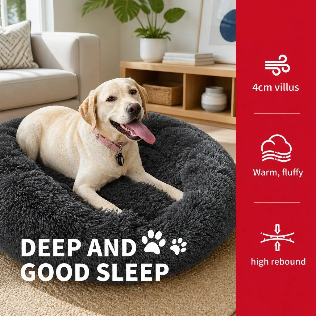 Round Pet Calming Bed Plush Nest Cosy Sleep Mat for Dogs Cats 70cm Dark Grey