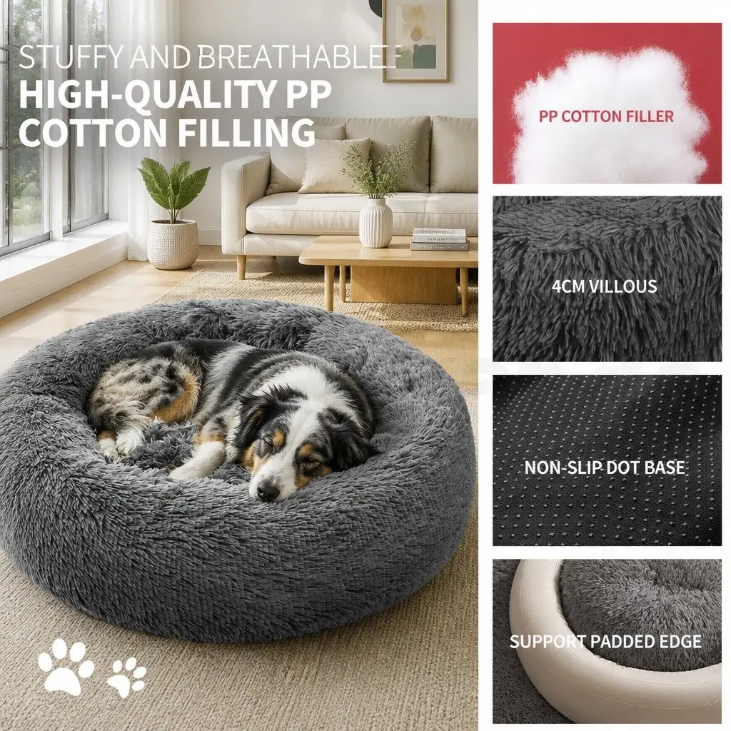 Round Pet Calming Bed Plush Nest Cosy Sleep Mat for Dogs Cats 70cm Dark Grey