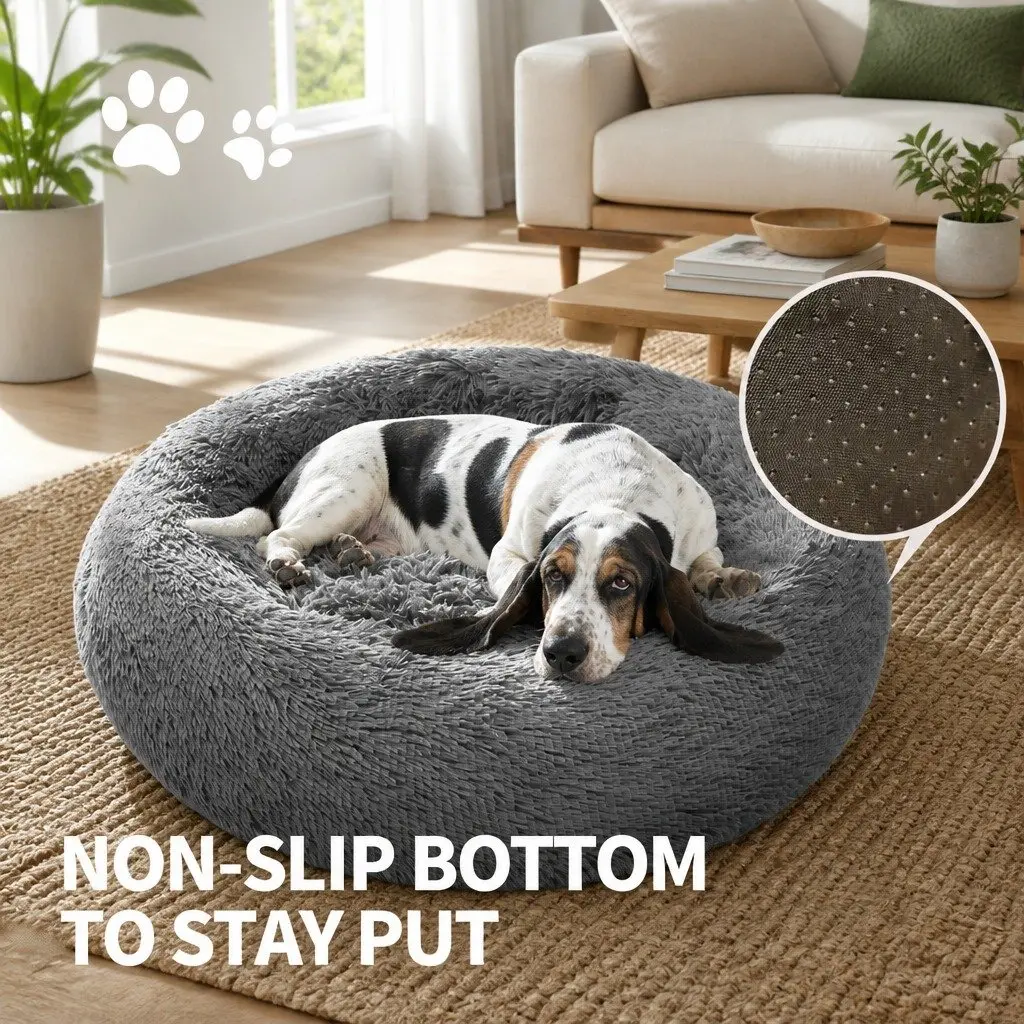 Round Pet Calming Bed Plush Nest Cosy Sleep Mat for Dogs Cats 70cm Dark Grey