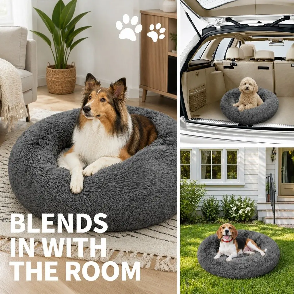 Round Pet Calming Bed Plush Nest Cosy Sleep Mat for Dogs Cats 70cm Dark Grey