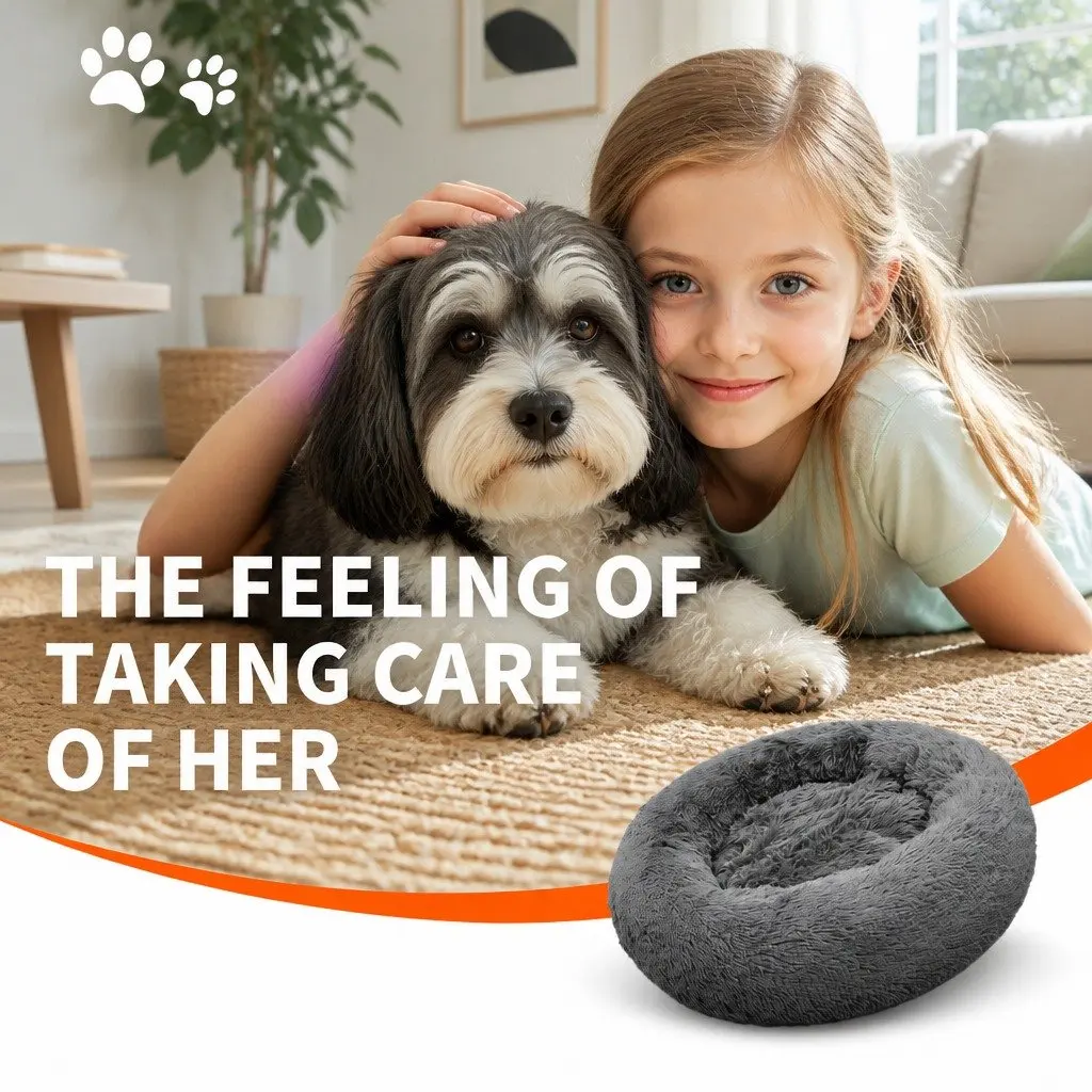 Round Pet Calming Bed Plush Nest Cosy Sleep Mat for Dogs Cats 70cm Dark Grey