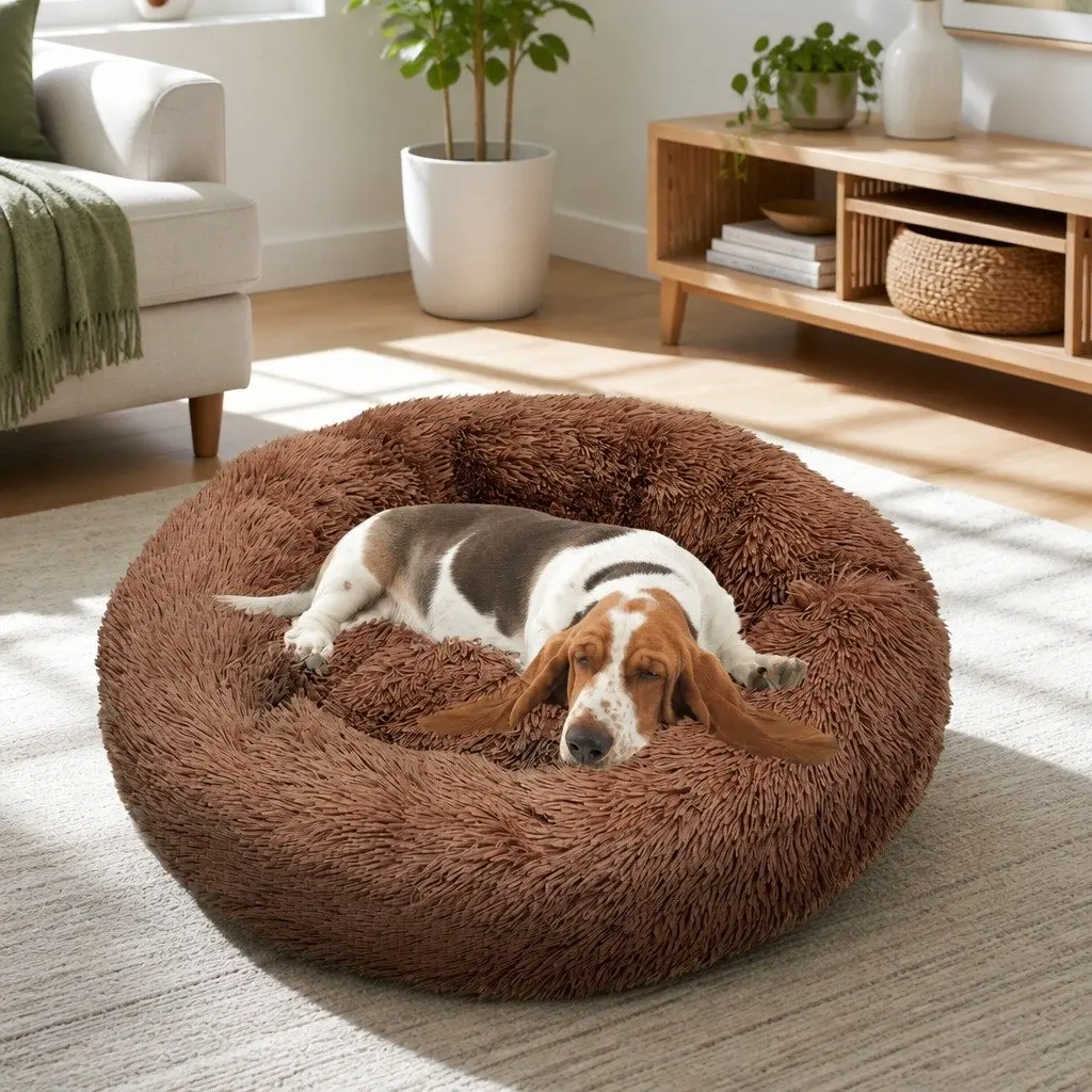 Large Round Dog Bed Plush Warm Pet Nest Cushion Cozy 90cm Light Coffee
