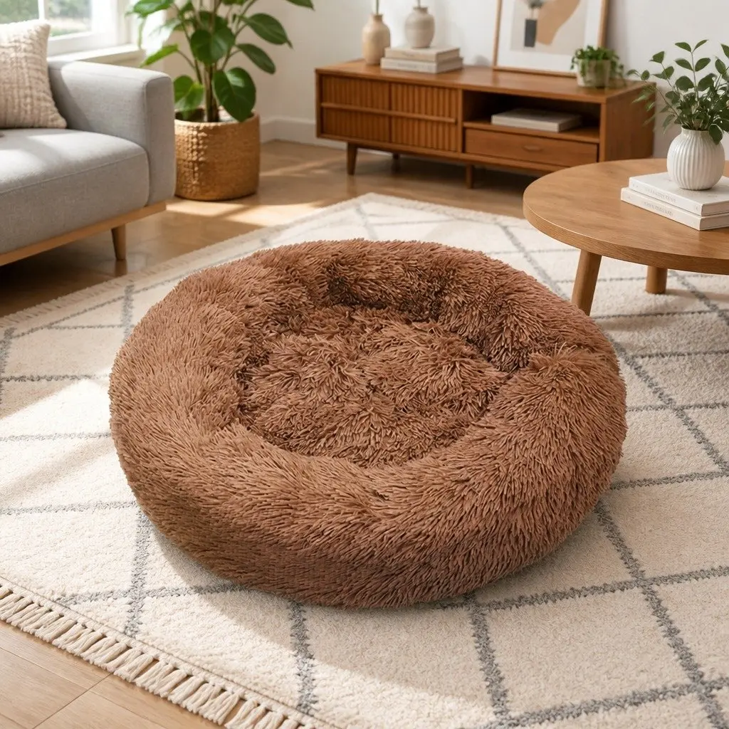Large Round Dog Bed Plush Warm Pet Nest Cushion Cozy 90cm Light Coffee