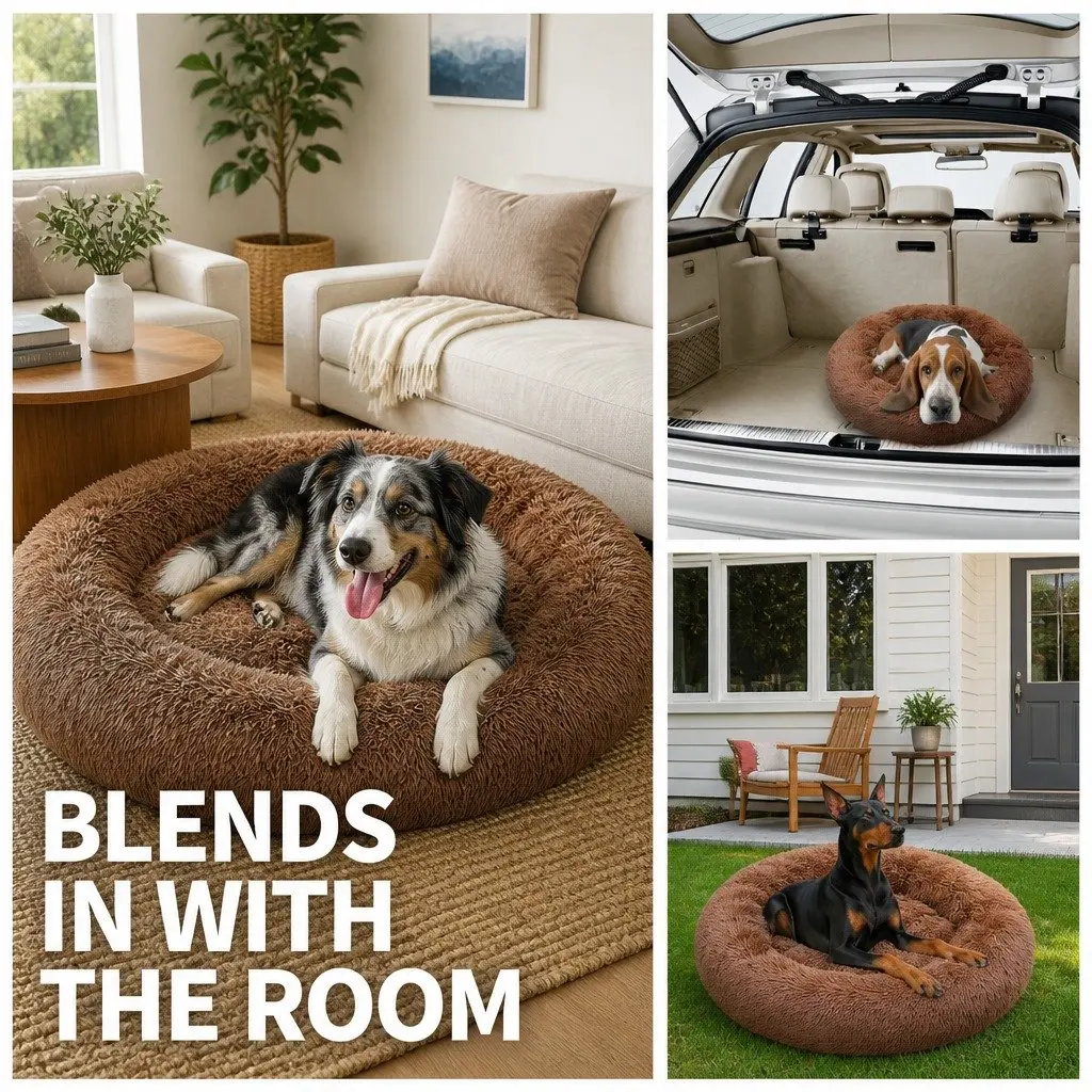 Large Round Dog Bed Plush Warm Pet Nest Cushion Cozy 90cm Light Coffee