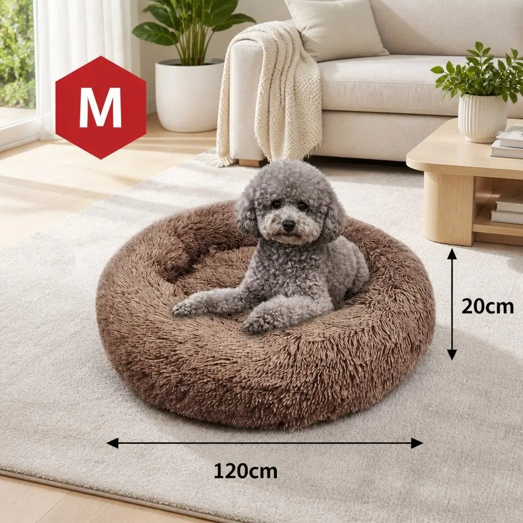 Dog Bed Round Plush Nest Warm Sleeping Kennel Coffee M 70cm Diameter