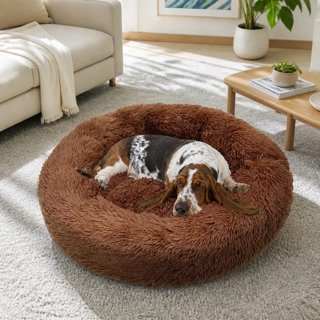 Dog Bed Round Plush Nest Warm Sleeping Kennel Coffee M 70cm Diameter