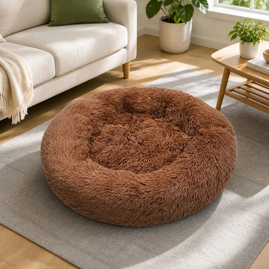 Dog Bed Round Plush Nest Warm Sleeping Kennel Coffee M 70cm Diameter