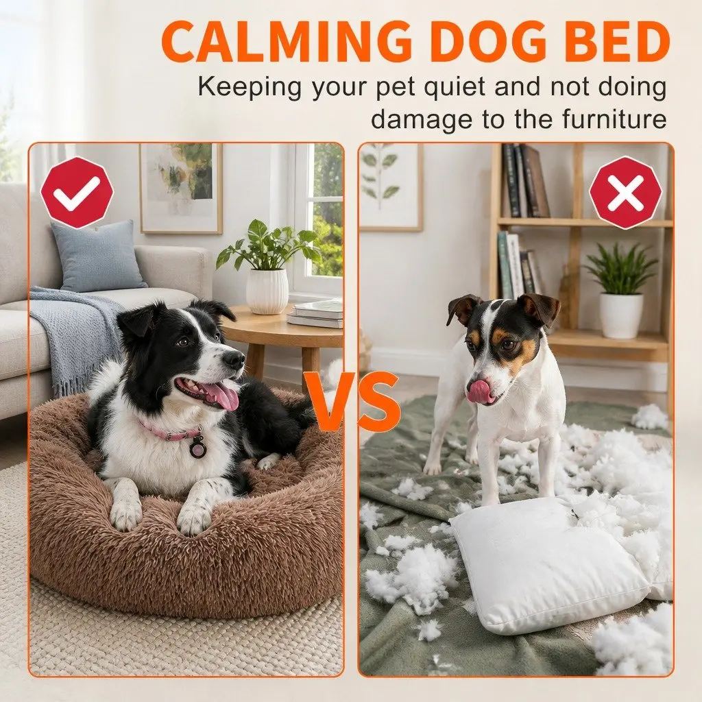 Dog Bed Round Plush Nest Warm Sleeping Kennel Coffee M 70cm Diameter