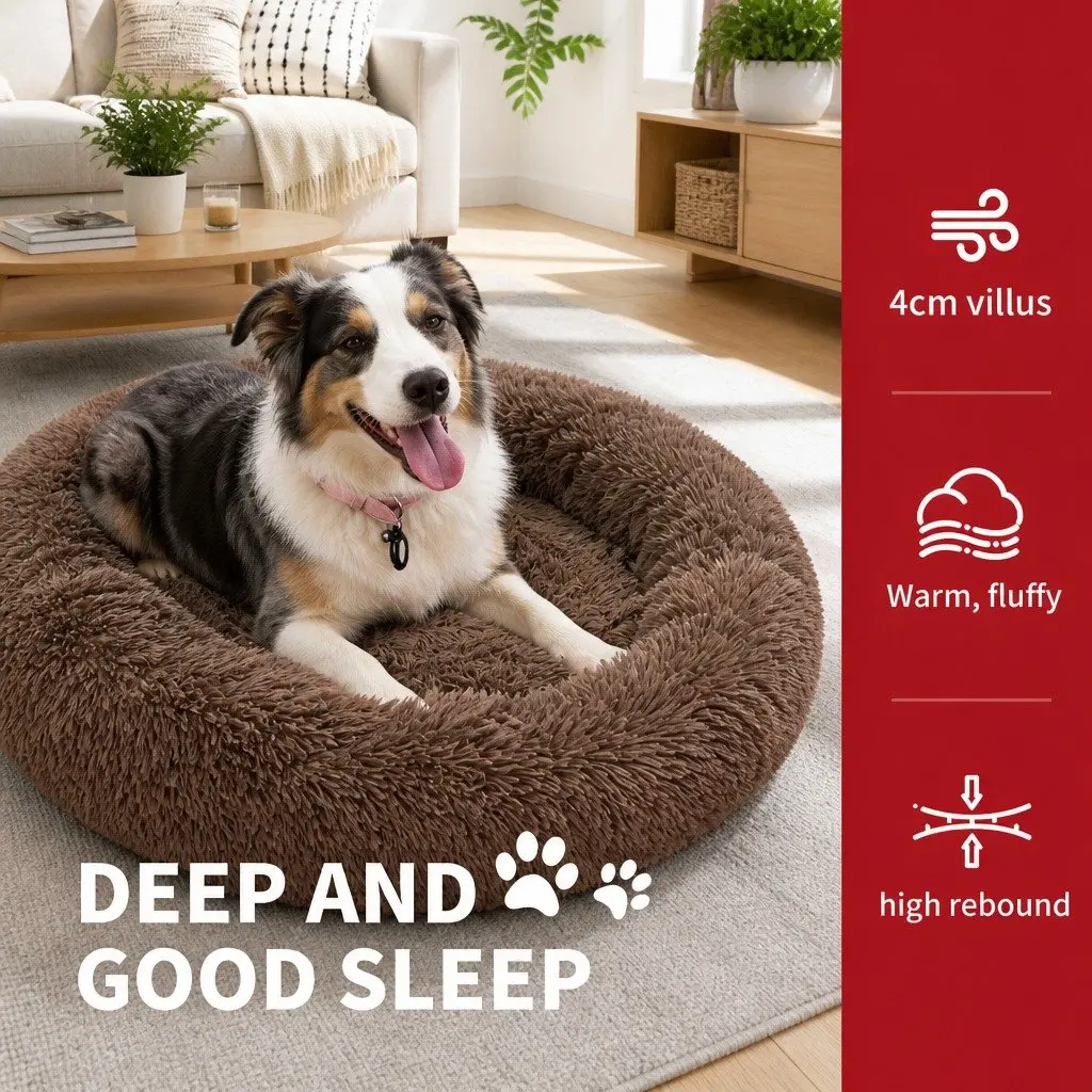 Dog Bed Round Plush Nest Warm Sleeping Kennel Coffee M 70cm Diameter