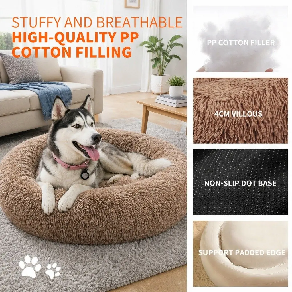 Dog Bed Round Plush Nest Warm Sleeping Kennel Coffee M 70cm Diameter