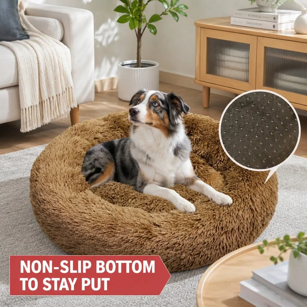 Dog Bed Round Plush Nest Warm Sleeping Kennel Coffee M 70cm Diameter