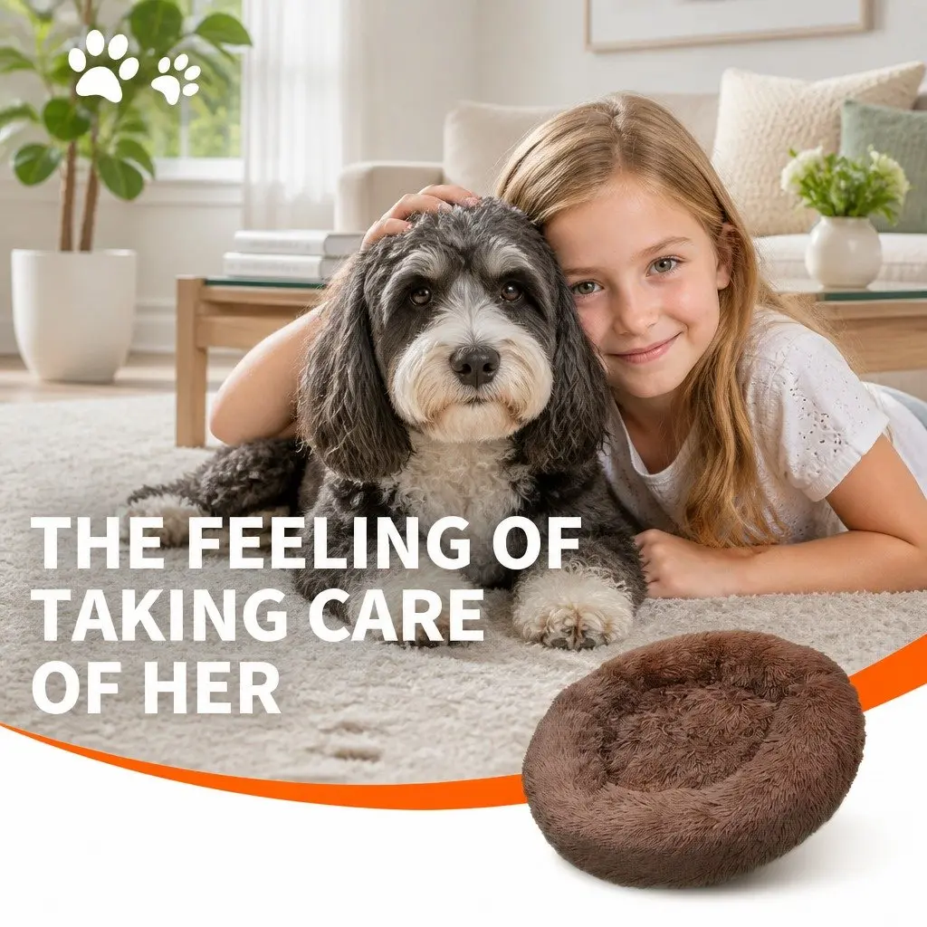 Dog Bed Round Plush Nest Warm Sleeping Kennel Coffee M 70cm Diameter