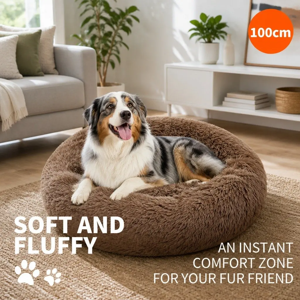 XL Round Dog Bed for Pets 100cm Warm Plush Soft Sleeping Mat Light Coffee