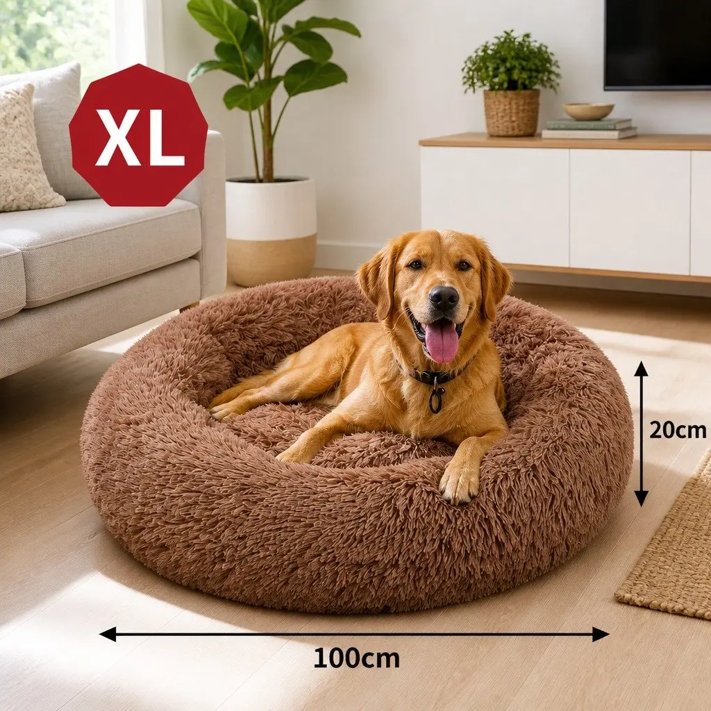 XL Round Dog Bed for Pets 100cm Warm Plush Soft Sleeping Mat Light Coffee