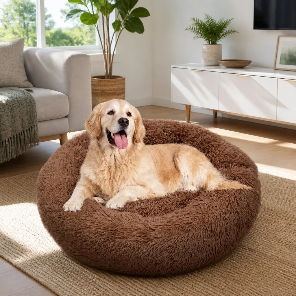 XL Round Dog Bed for Pets 100cm Warm Plush Soft Sleeping Mat Light Coffee