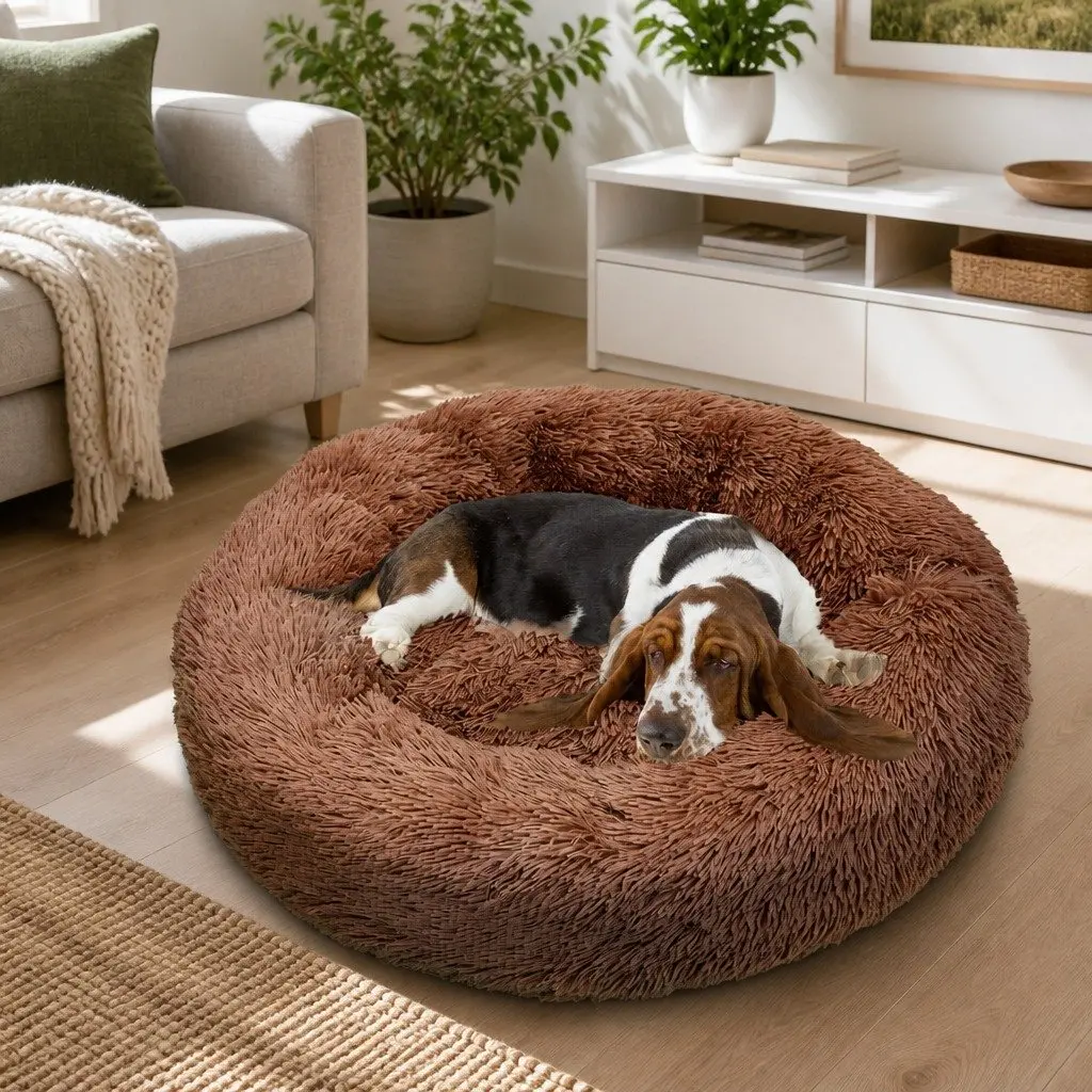 XL Round Dog Bed for Pets 100cm Warm Plush Soft Sleeping Mat Light Coffee