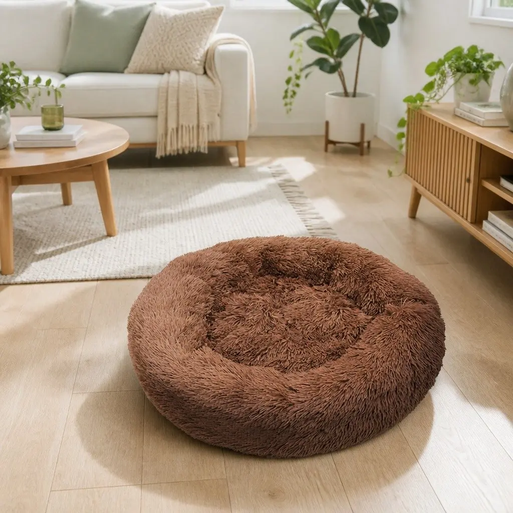 XL Round Dog Bed for Pets 100cm Warm Plush Soft Sleeping Mat Light Coffee