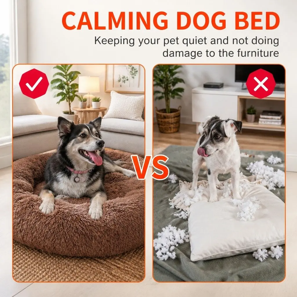 XL Round Dog Bed for Pets 100cm Warm Plush Soft Sleeping Mat Light Coffee