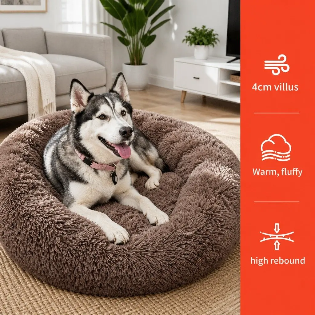 XL Round Dog Bed for Pets 100cm Warm Plush Soft Sleeping Mat Light Coffee