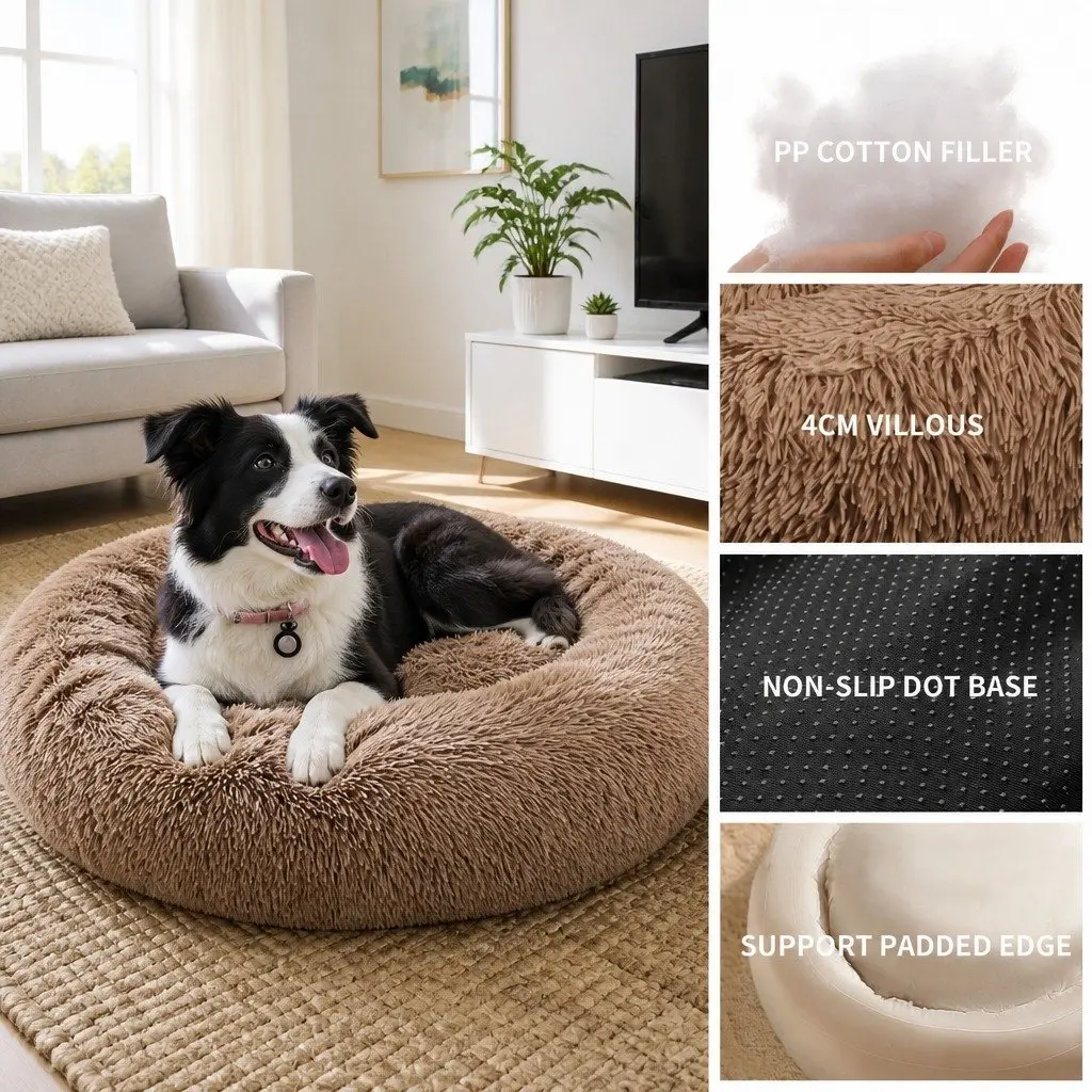XL Round Dog Bed for Pets 100cm Warm Plush Soft Sleeping Mat Light Coffee