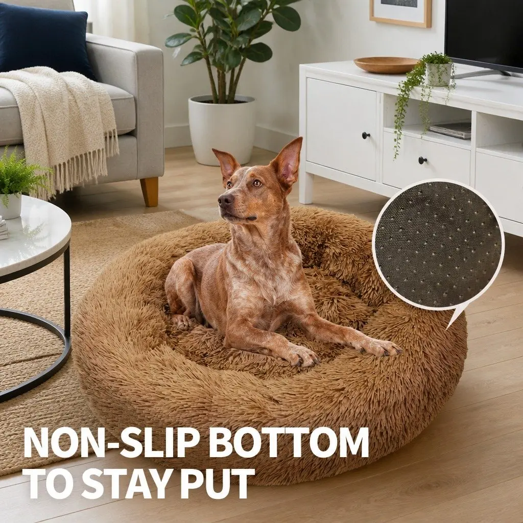 XL Round Dog Bed for Pets 100cm Warm Plush Soft Sleeping Mat Light Coffee