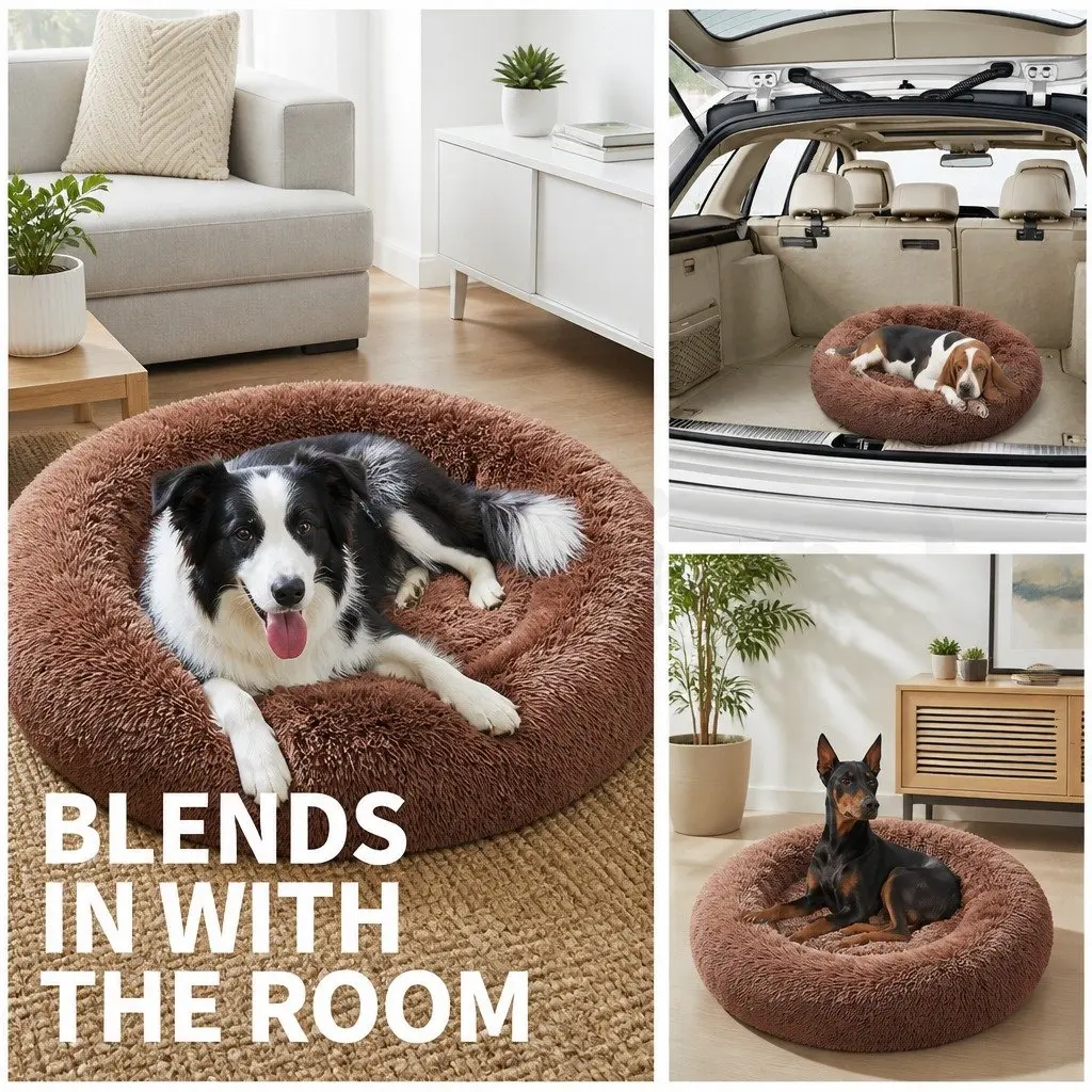 XL Round Dog Bed for Pets 100cm Warm Plush Soft Sleeping Mat Light Coffee