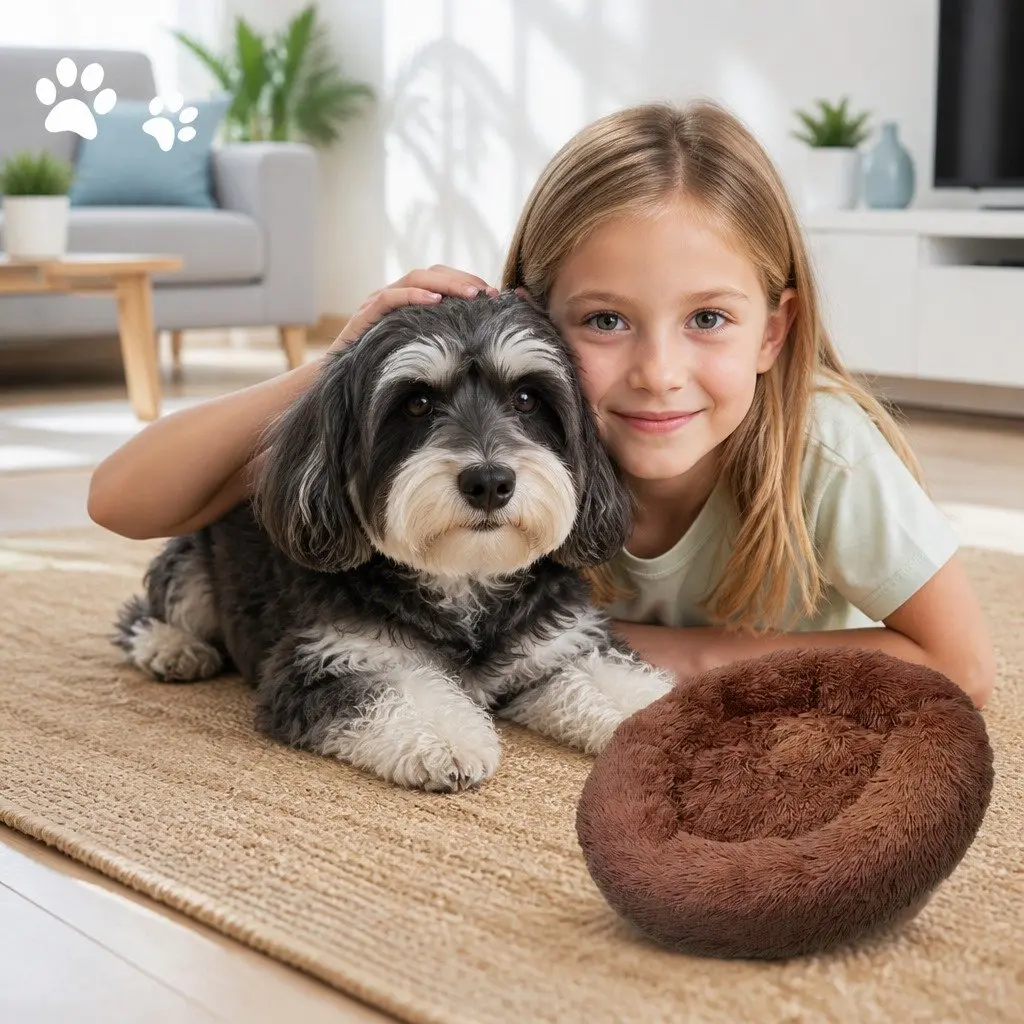 XL Round Dog Bed for Pets 100cm Warm Plush Soft Sleeping Mat Light Coffee