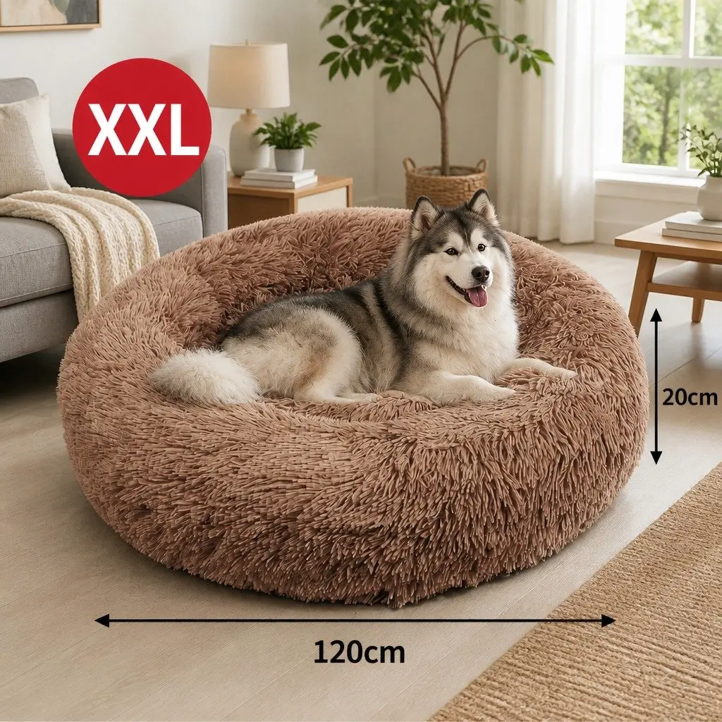 XXL Round Pet Dog Bed Warm Plush Soft Nest Cushion Light Coffee 120cm