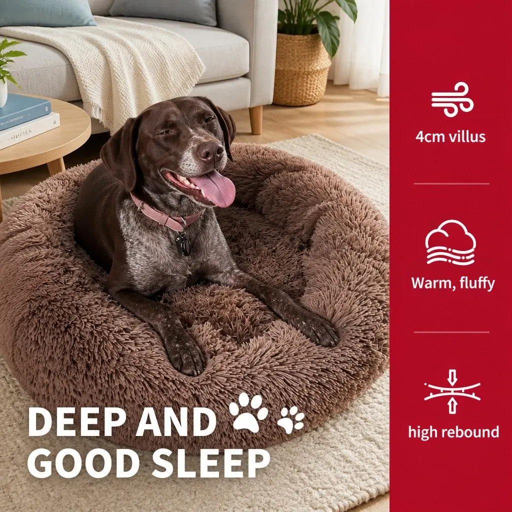 XXL Round Pet Dog Bed Warm Plush Soft Nest Cushion Light Coffee 120cm