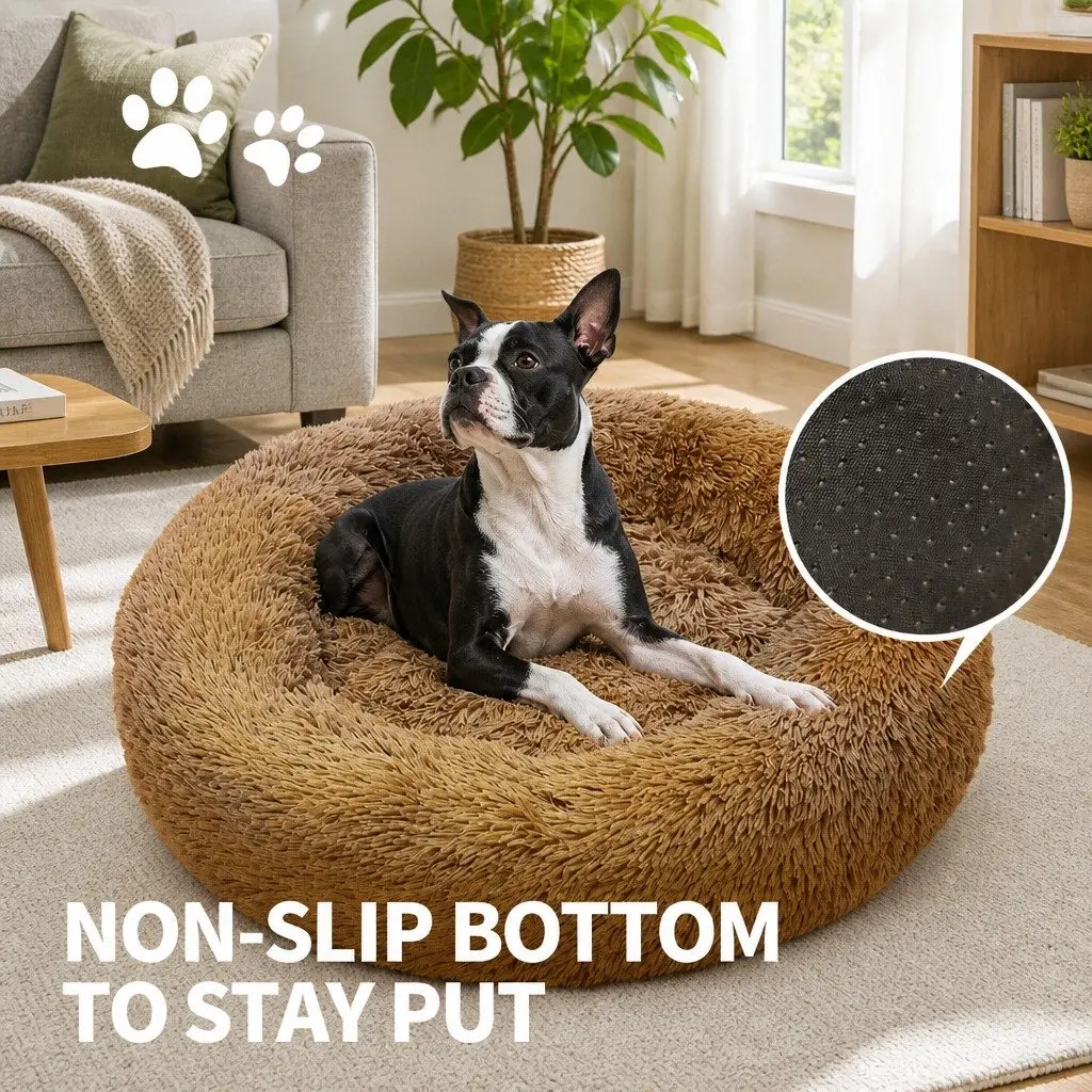 XXL Round Pet Dog Bed Warm Plush Soft Nest Cushion Light Coffee 120cm
