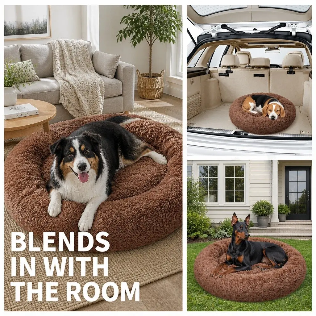 XXL Round Pet Dog Bed Warm Plush Soft Nest Cushion Light Coffee 120cm