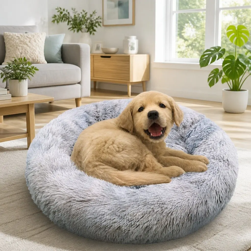 Pet Bed for Dogs Round 90cm Calming Cushion Mattress Warm Soft Plush Comfy Sleeping Pad