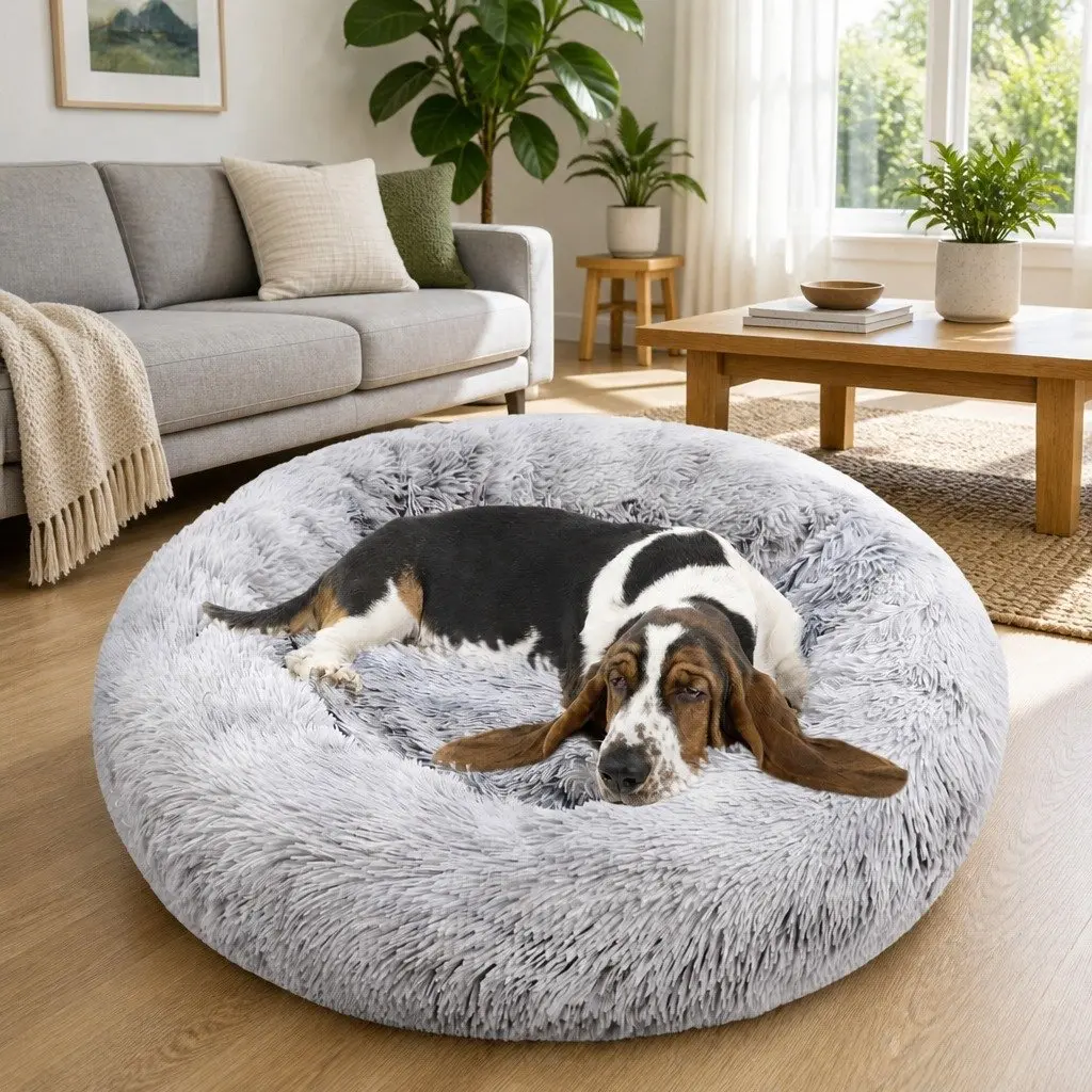 Pet Bed for Dogs Round 90cm Calming Cushion Mattress Warm Soft Plush Comfy Sleeping Pad