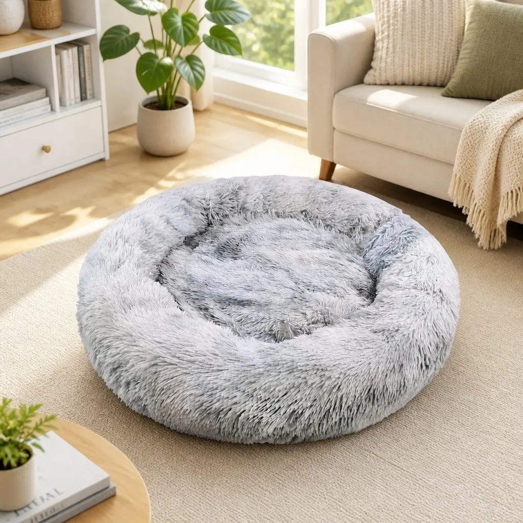 Pet Bed for Dogs Round 90cm Calming Cushion Mattress Warm Soft Plush Comfy Sleeping Pad
