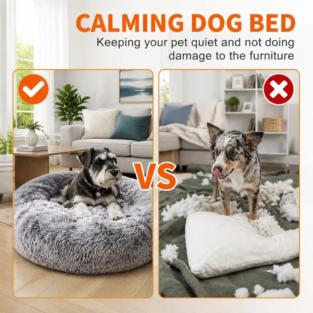 Pet Bed for Dogs Round 90cm Calming Cushion Mattress Warm Soft Plush Comfy Sleeping Pad