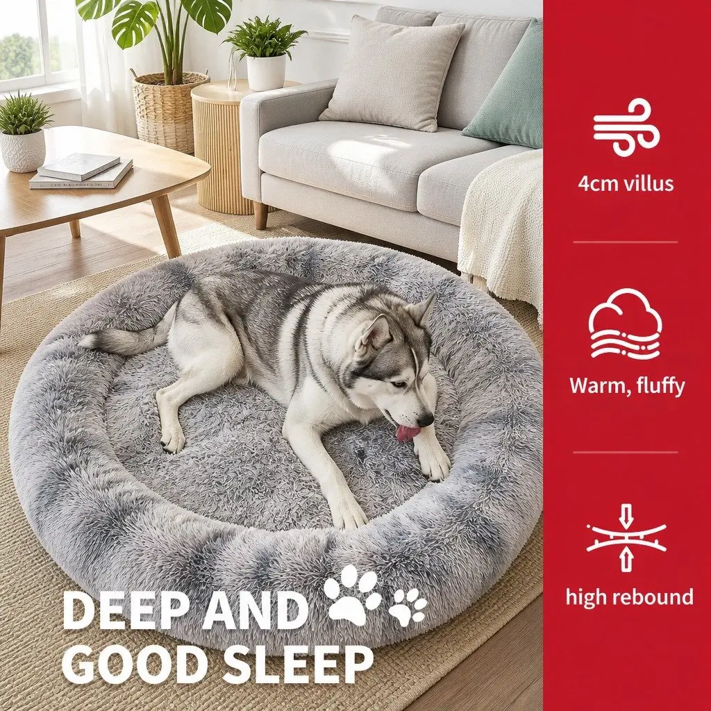 Pet Bed for Dogs Round 90cm Calming Cushion Mattress Warm Soft Plush Comfy Sleeping Pad