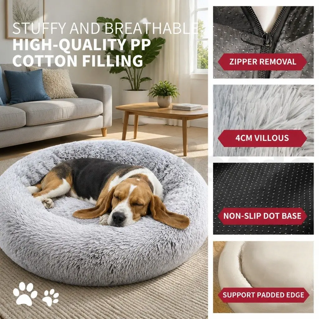 Pet Bed for Dogs Round 90cm Calming Cushion Mattress Warm Soft Plush Comfy Sleeping Pad