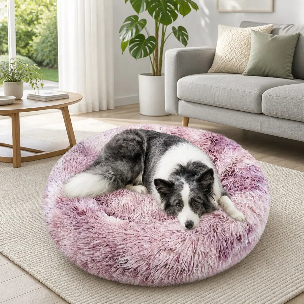 Pet Calming Bed Round Nest Warm Plush Comfy Sleeping Cave Kennel Dogs Cats
