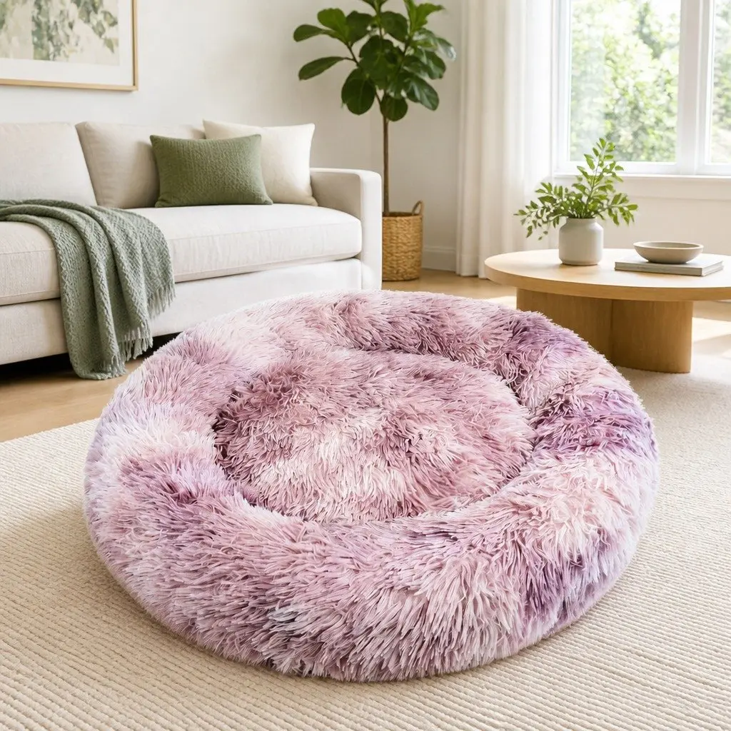 Pet Calming Bed Round Nest Warm Plush Comfy Sleeping Cave Kennel Dogs Cats